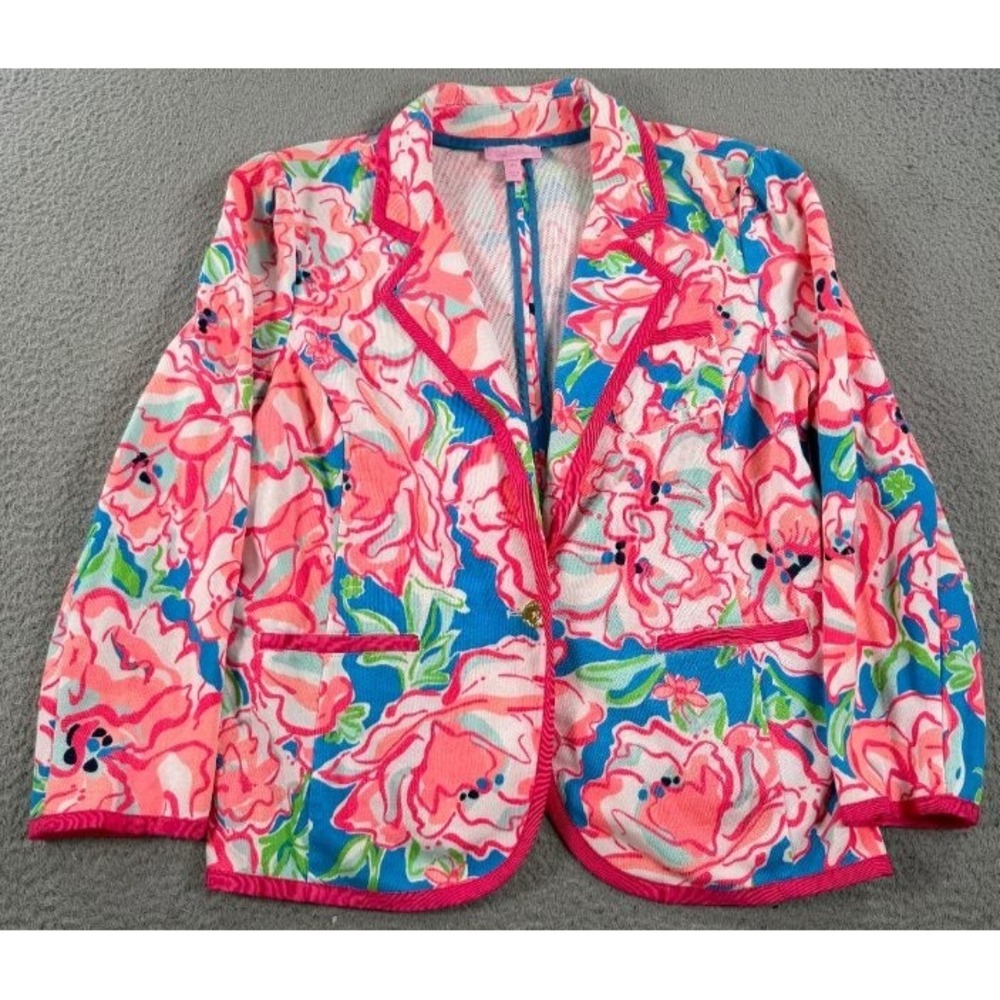 Lilly Pulitzer Malibu Blazer Jacket Women XL Flutter Blue Lucky Charm Floral EUC